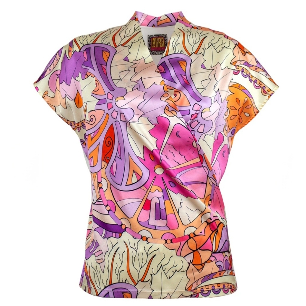Lalipop Design Drape Satin Double Breasted Abstract Blouse Size S